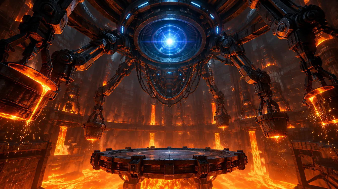 Overseer Graum: cincin lengan robot raksasa di langit-langit aula tungku, mengelilingi satu lensa biru besar yang menatap arena bundar di atas kolam logam cair.