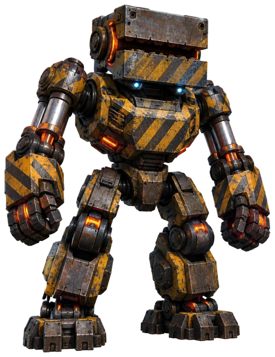 Pressjaw: robot besar dengan kepala rahang press baja persegi dan torso bergaris kuning hitam.